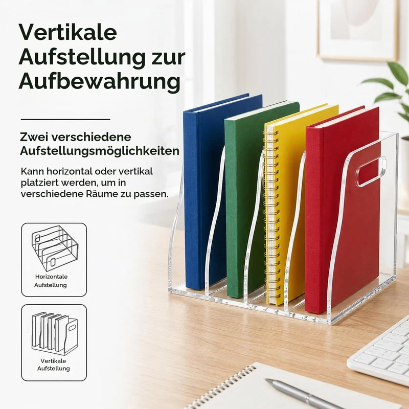 Zeitschriftenhalter Acryl (4 Fächer) ,Stehsammler A4, B5,Glasklarer Zeitschriftensammler & Schreibtisch Organizer, Moderner Aktenordner Stehsammler für Büro, Home Office & Deko
