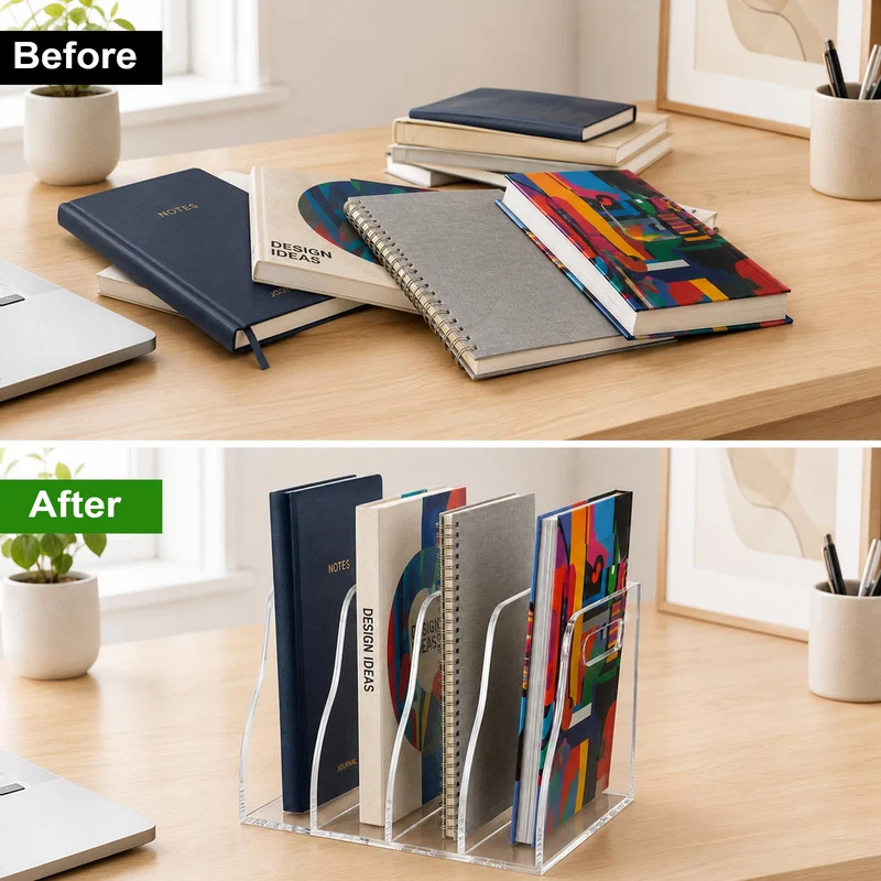 Zeitschriftenhalter Acryl (4 Fächer) ,Stehsammler A4, B5,Glasklarer Zeitschriftensammler & Schreibtisch Organizer, Moderner Aktenordner Stehsammler für Büro, Home Office & Deko