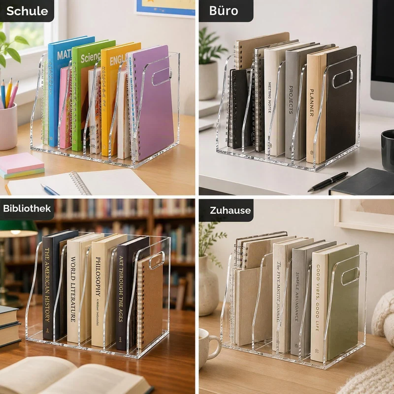 Zeitschriftenhalter Acryl (4 Fächer) ,Stehsammler A4, B5,Glasklarer Zeitschriftensammler & Schreibtisch Organizer, Moderner Aktenordner Stehsammler für Büro, Home Office & Deko