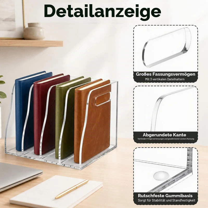 Zeitschriftenhalter Acryl (4 Fächer) ,Stehsammler A4, B5,Glasklarer Zeitschriftensammler & Schreibtisch Organizer, Moderner Aktenordner Stehsammler für Büro, Home Office & Deko