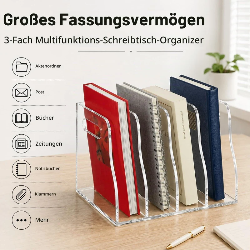 Zeitschriftenhalter Acryl (4 Fächer) ,Stehsammler A4, B5,Glasklarer Zeitschriftensammler & Schreibtisch Organizer, Moderner Aktenordner Stehsammler für Büro, Home Office & Deko