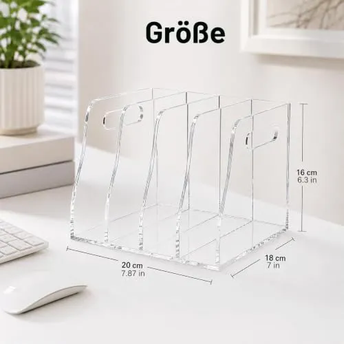 Zeitschriftenhalter Acryl (4 Fächer) ,Stehsammler A4, B5,Glasklarer Zeitschriftensammler & Schreibtisch Organizer, Moderner Aktenordner Stehsammler für Büro, Home Office & Deko