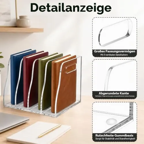 Zeitschriftenhalter Acryl (4 Fächer) ,Stehsammler A4, B5,Glasklarer Zeitschriftensammler & Schreibtisch Organizer, Moderner Aktenordner Stehsammler für Büro, Home Office & Deko