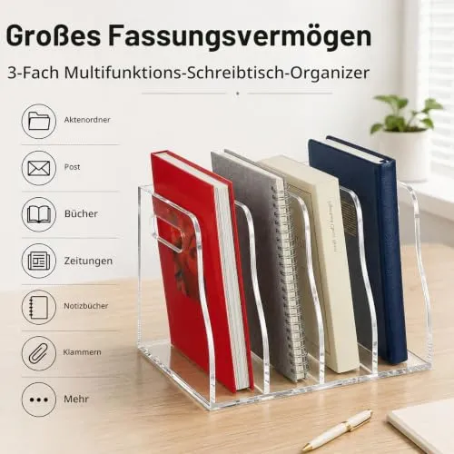 Zeitschriftenhalter Acryl (4 Fächer) ,Stehsammler A4, B5,Glasklarer Zeitschriftensammler & Schreibtisch Organizer, Moderner Aktenordner Stehsammler für Büro, Home Office & Deko
