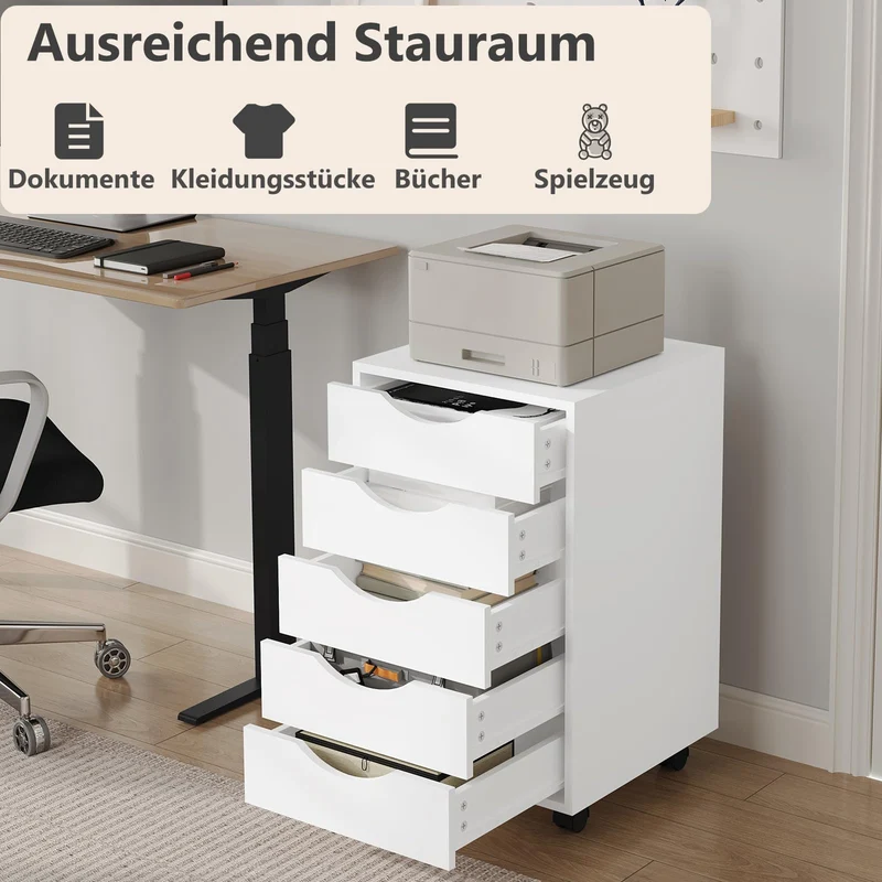 WOLTU Rollcontainer mit 5 Schubladen, mobiler Aktenschrank mit Rollen