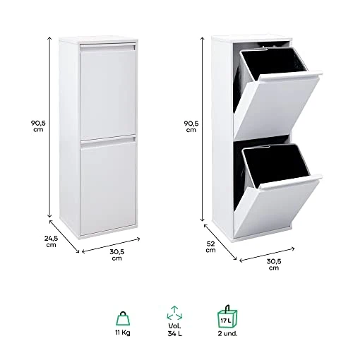 ARREGUI Basic CR201-B Mülltrennsystem aus Stahl | 2 Fächer Mülleimer für die Küche | 2 Fach Abfalleimer | 2x17 L (34L) | Herausnehmbare Inneneimer mit Griff | Recycling Schrank für Mülltrennung | weiß