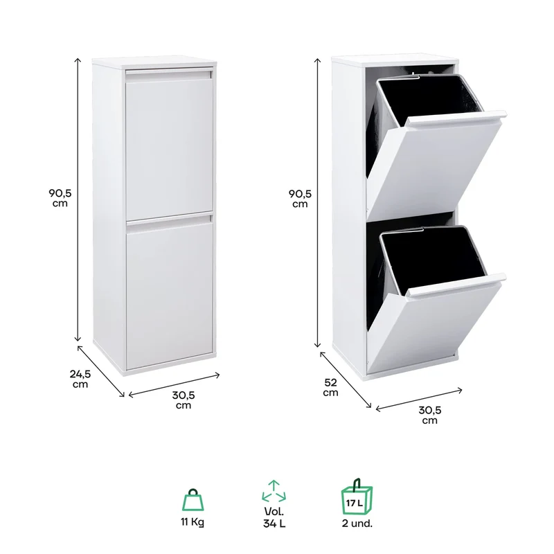ARREGUI Basic CR201-B Mülltrennsystem aus Stahl | 2 Fächer Mülleimer für die Küche | 2 Fach Abfalleimer | 2x17 L (34L) | Herausnehmbare Inneneimer mit Griff | Recycling Schrank für Mülltrennung | weiß