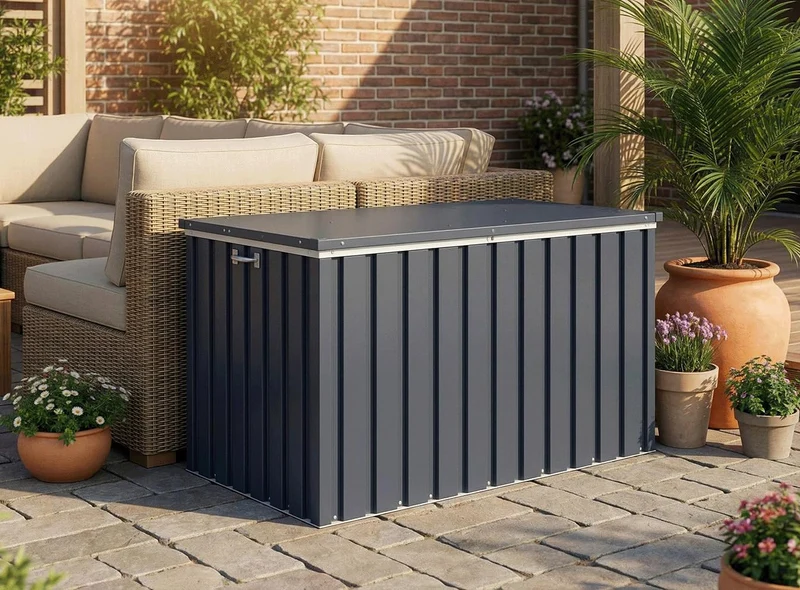 Duramax DH 1.3 (585L) Kissenbox aus Metall mit hydraulischer Gasdruckfeder und Vorhängeschlossöse, Terrassenbox und Gartenmöbelaufbewahrung für den Außenbereich, Anthrazit