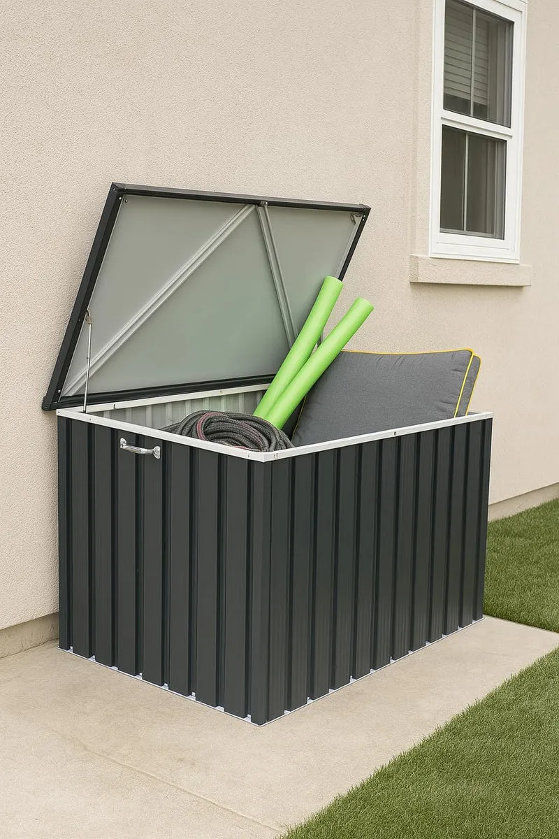 Duramax DH 1.3 (585L) Kissenbox aus Metall mit hydraulischer Gasdruckfeder und Vorhängeschlossöse, Terrassenbox und Gartenmöbelaufbewahrung für den Außenbereich, Anthrazit