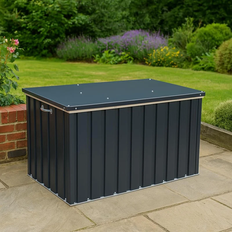 Duramax DH 1.3 (585L) Kissenbox aus Metall mit hydraulischer Gasdruckfeder und Vorhängeschlossöse, Terrassenbox und Gartenmöbelaufbewahrung für den Außenbereich, Anthrazit