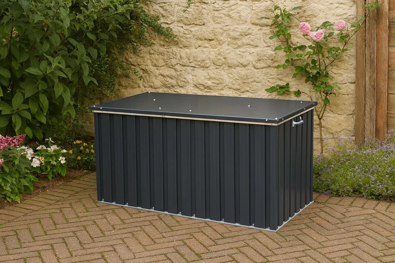 Duramax DH 1.3 (585L) Kissenbox aus Metall mit hydraulischer Gasdruckfeder und Vorhängeschlossöse, Terrassenbox und Gartenmöbelaufbewahrung für den Außenbereich, Anthrazit