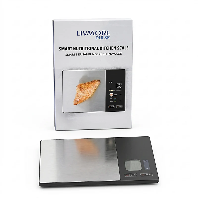 LIVMORE Smarte Nährwert-Küchenwaage mit 2-Zoll-TFT-Farbdisplay, Kalorien- und Nährwertanalyse, über 999 Lebensmittel, App-kompatibel