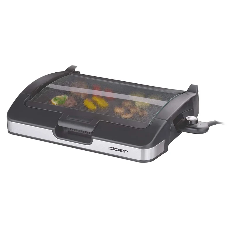 Cloer 6720 Barbecue-Grill mit Aluminium-Druckgussplatte, Antihaftbeschichtet, Glasdeckel, 2200 Watt, Grillfläche: 29 Barbecue-Grill, silber, schwarz