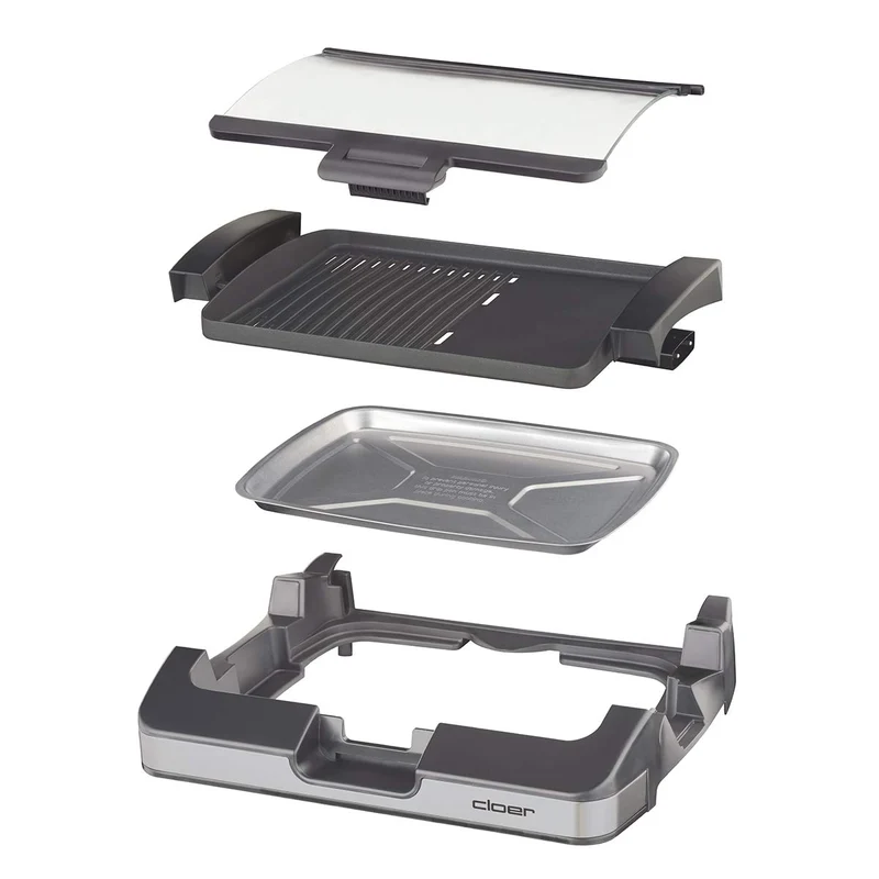 Cloer 6720 Barbecue-Grill mit Aluminium-Druckgussplatte, Antihaftbeschichtet, Glasdeckel, 2200 Watt, Grillfläche: 29 Barbecue-Grill, silber, schwarz