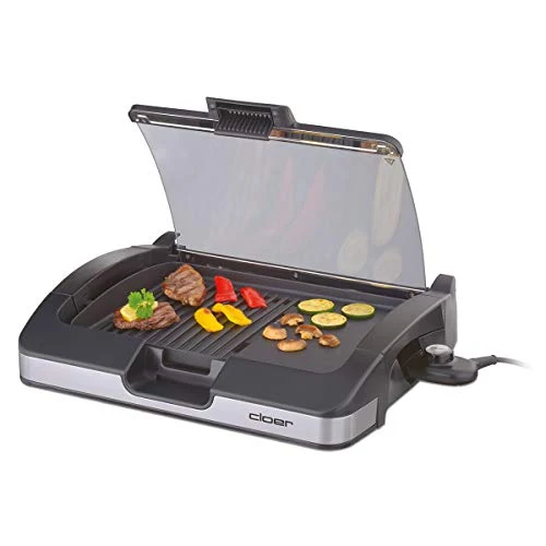 Cloer 6720 Barbecue-Grill mit Aluminium-Druckgussplatte, Antihaftbeschichtet, Glasdeckel, 2200 Watt, Grillfläche: 29 Barbecue-Grill, silber, schwarz