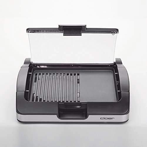 Cloer 6720 Barbecue-Grill mit Aluminium-Druckgussplatte, Antihaftbeschichtet, Glasdeckel, 2200 Watt, Grillfläche: 29 Barbecue-Grill, silber, schwarz