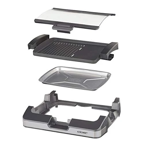 Cloer 6720 Barbecue-Grill mit Aluminium-Druckgussplatte, Antihaftbeschichtet, Glasdeckel, 2200 Watt, Grillfläche: 29 Barbecue-Grill, silber, schwarz