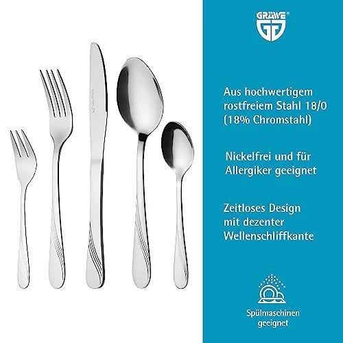 GRÄWE Besteckset für 6 Personen aus Edelstahl, Tafelbesteck Set 30-teilig, nickelfrei, rostfrei, handpoliert, spülmaschinengeeignet - Serie Stralsund