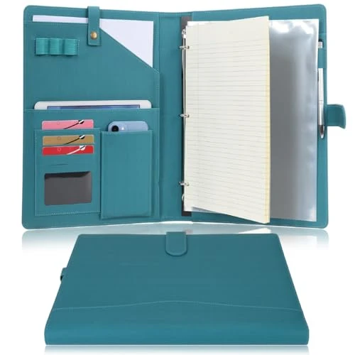 Wonderpool A4 Leder Schreibmappen Portfolio Dokumenten Halter Ringbuch Herausnehmbar Klemmbrett mit Multifach Aschen und Legal/Breit Liniert Pad für Business Organisatoren Konferenz (Dunklescyan)