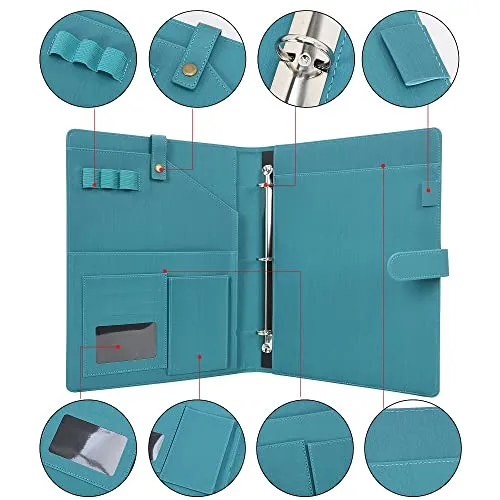 Wonderpool A4 Leder Schreibmappen Portfolio Dokumenten Halter Ringbuch Herausnehmbar Klemmbrett mit Multifach Aschen und Legal/Breit Liniert Pad für Business Organisatoren Konferenz (Dunklescyan)