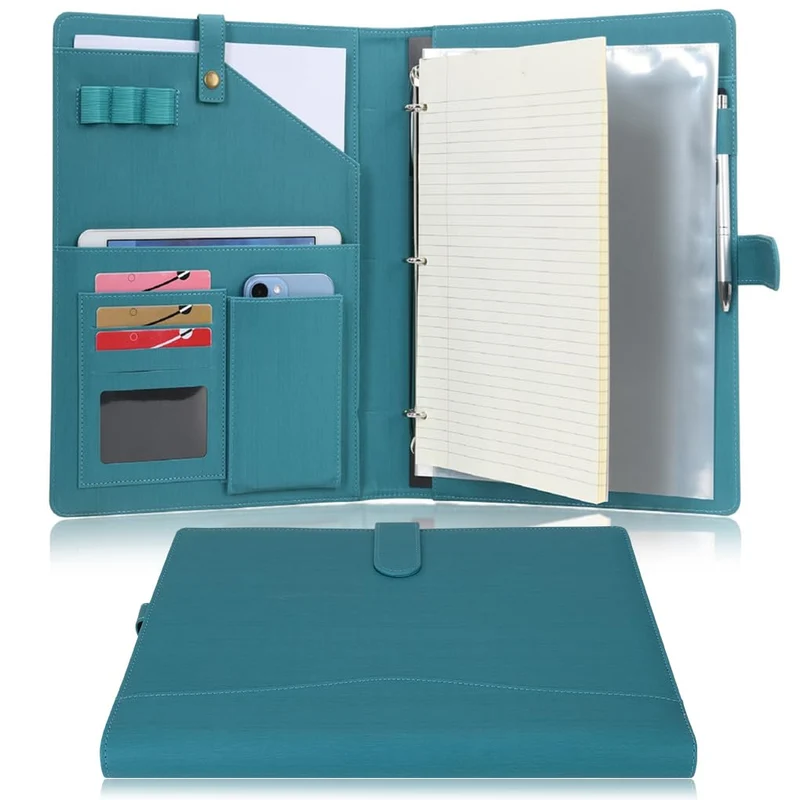 Wonderpool A4 Leder Schreibmappen Portfolio Dokumenten Halter Ringbuch Herausnehmbar Klemmbrett mit Multifach Aschen und Legal/Breit Liniert Pad für Business Organisatoren Konferenz (Dunklescyan)