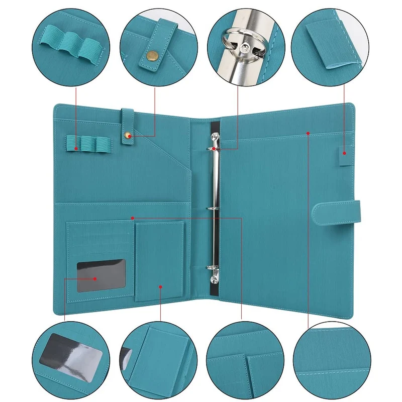 Wonderpool A4 Leder Schreibmappen Portfolio Dokumenten Halter Ringbuch Herausnehmbar Klemmbrett mit Multifach Aschen und Legal/Breit Liniert Pad für Business Organisatoren Konferenz (Dunklescyan)