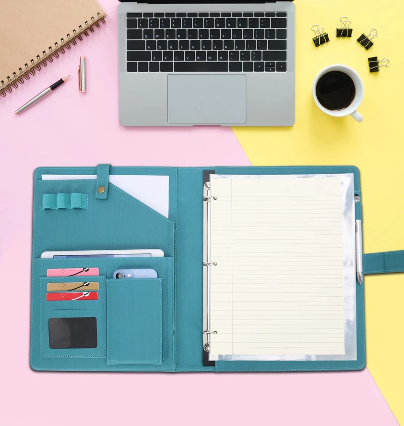 Wonderpool A4 Leder Schreibmappen Portfolio Dokumenten Halter Ringbuch Herausnehmbar Klemmbrett mit Multifach Aschen und Legal/Breit Liniert Pad für Business Organisatoren Konferenz (Dunklescyan)