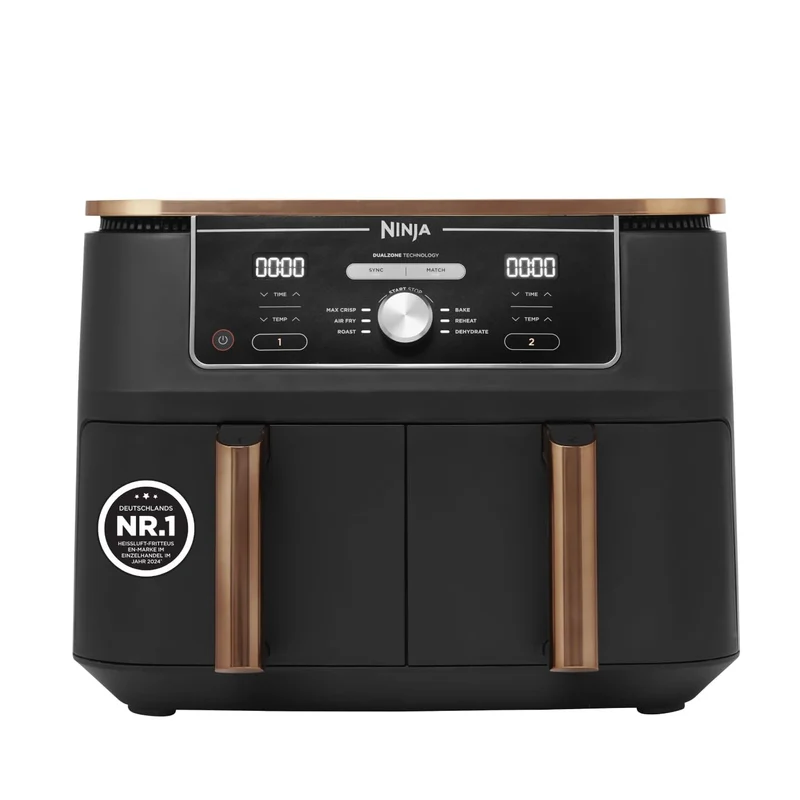 Ninja Foodi MAX Dual Zone Heißluftfritteuse, 9,5L Airfryer, 2 Fächer, mit Zange, Antihaftbeschichtung, spülmaschinenfeste Körbe, 6-in-1, Amazon Exklusiv, Kupfer/Schwarz, AF400EUCP