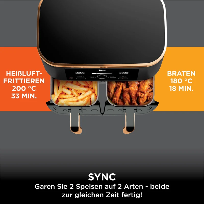 Ninja Foodi MAX Dual Zone Heißluftfritteuse, 9,5L Airfryer, 2 Fächer, mit Zange, Antihaftbeschichtung, spülmaschinenfeste Körbe, 6-in-1, Amazon Exklusiv, Kupfer/Schwarz, AF400EUCP