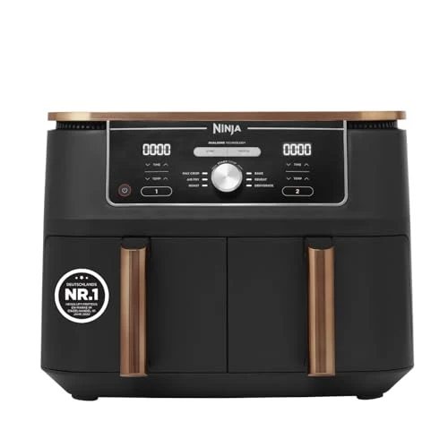 Ninja Foodi MAX Dual Zone Heißluftfritteuse, 9,5L Airfryer, 2 Fächer, mit Zange, Antihaftbeschichtung, spülmaschinenfeste Körbe, 6-in-1, Amazon Exklusiv, Kupfer/Schwarz, AF400EUCP