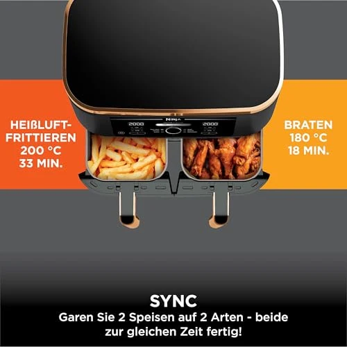 Ninja Foodi MAX Dual Zone Heißluftfritteuse, 9,5L Airfryer, 2 Fächer, mit Zange, Antihaftbeschichtung, spülmaschinenfeste Körbe, 6-in-1, Amazon Exklusiv, Kupfer/Schwarz, AF400EUCP