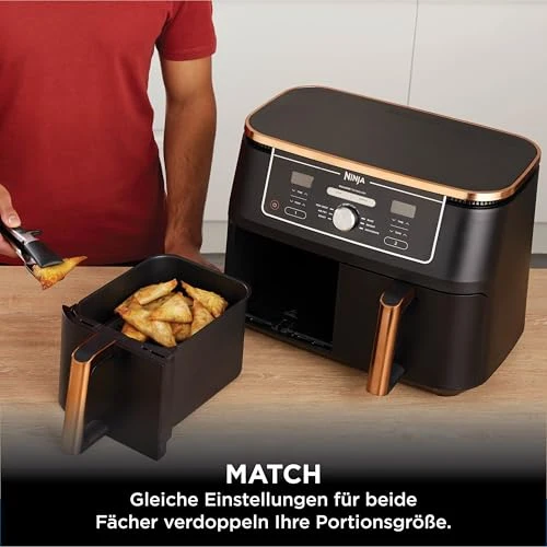 Ninja Foodi MAX Dual Zone Heißluftfritteuse, 9,5L Airfryer, 2 Fächer, mit Zange, Antihaftbeschichtung, spülmaschinenfeste Körbe, 6-in-1, Amazon Exklusiv, Kupfer/Schwarz, AF400EUCP