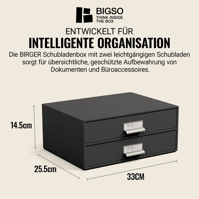 BIGSO BIRGER Schubladenbox – Aufbewahrungsbox mit 2 Schubladen – Schreibtisch Ablage für Dokumente & Bürobedarf – Ablagesystem aus recycelter Faserplatte und Papier – dunkelgrau