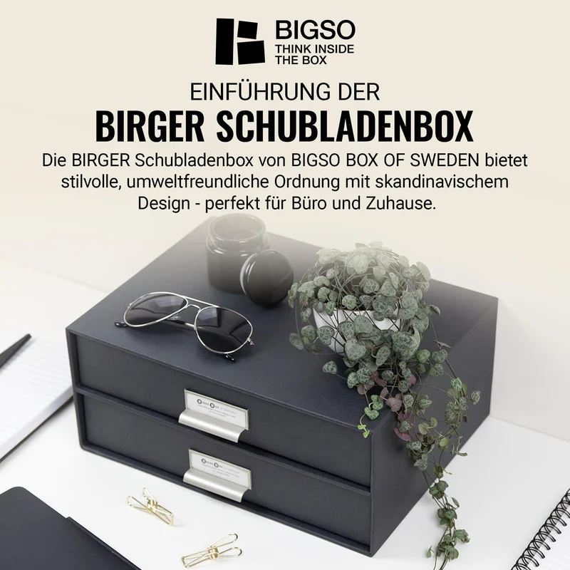 BIGSO BIRGER Schubladenbox – Aufbewahrungsbox mit 2 Schubladen – Schreibtisch Ablage für Dokumente & Bürobedarf – Ablagesystem aus recycelter Faserplatte und Papier – dunkelgrau