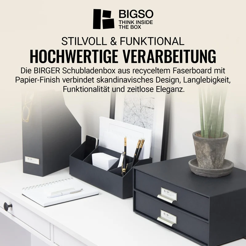 BIGSO BIRGER Schubladenbox – Aufbewahrungsbox mit 2 Schubladen – Schreibtisch Ablage für Dokumente & Bürobedarf – Ablagesystem aus recycelter Faserplatte und Papier – dunkelgrau