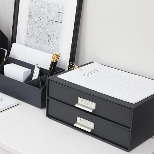 BIGSO BIRGER Schubladenbox – Aufbewahrungsbox mit 2 Schubladen – Schreibtisch Ablage für Dokumente & Bürobedarf – Ablagesystem aus recycelter Faserplatte und Papier – dunkelgrau