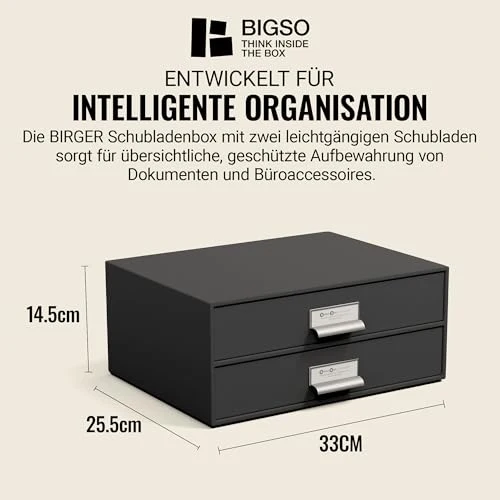 BIGSO BIRGER Schubladenbox – Aufbewahrungsbox mit 2 Schubladen – Schreibtisch Ablage für Dokumente & Bürobedarf – Ablagesystem aus recycelter Faserplatte und Papier – dunkelgrau