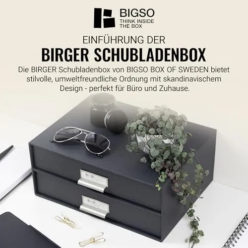 BIGSO BIRGER Schubladenbox – Aufbewahrungsbox mit 2 Schubladen – Schreibtisch Ablage für Dokumente & Bürobedarf – Ablagesystem aus recycelter Faserplatte und Papier – dunkelgrau
