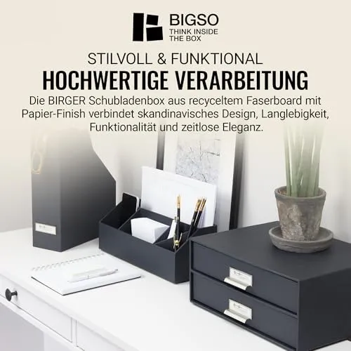 BIGSO BIRGER Schubladenbox – Aufbewahrungsbox mit 2 Schubladen – Schreibtisch Ablage für Dokumente & Bürobedarf – Ablagesystem aus recycelter Faserplatte und Papier – dunkelgrau