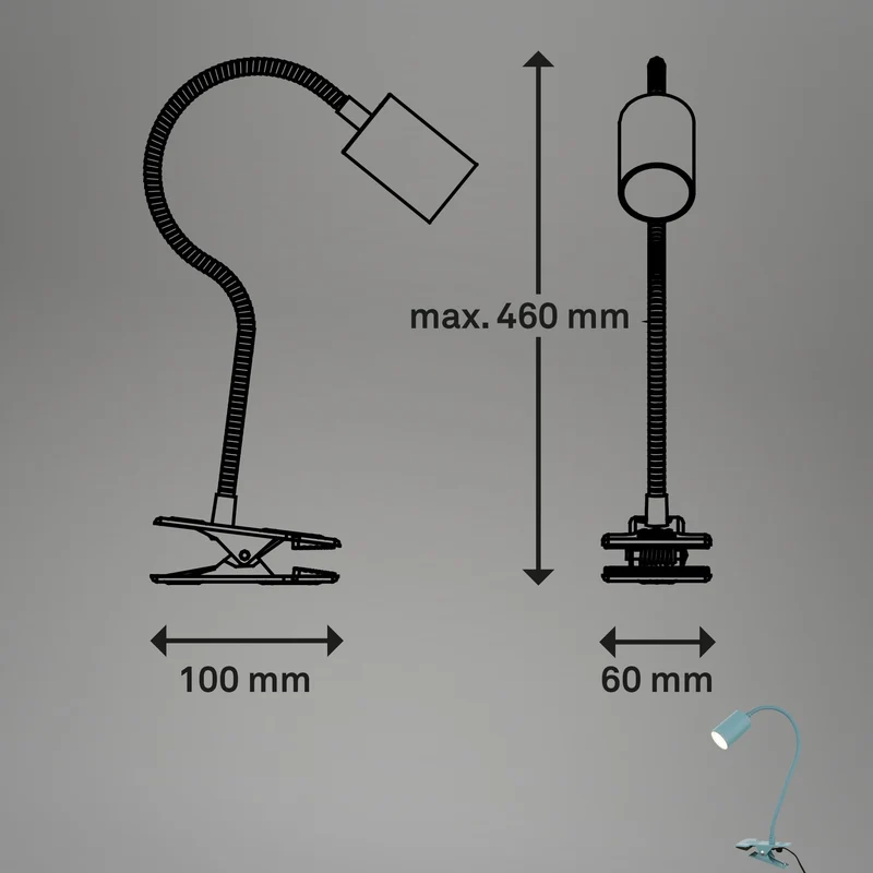 BRILONER - Schreibtischlampe mit Kabelschalter, Warmweiße Lichtfarbe, schwenkbar, Stecker, Leselampe, Klemmlampe, Klemmleuchte, Nachttischlampe, Leselicht Kinder, Bürolampe, 40cm hoch, Blau