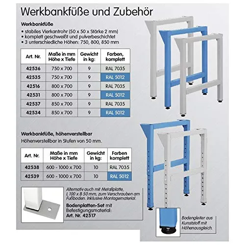 ADB Werkbankfuß höhenverstellbar, Vierkantrohr 50x50x2 mm, pulverbeschichtet, für Werkbänke mit Tiefe 700 mm, inkl. Montagematerial und Bodengleiter