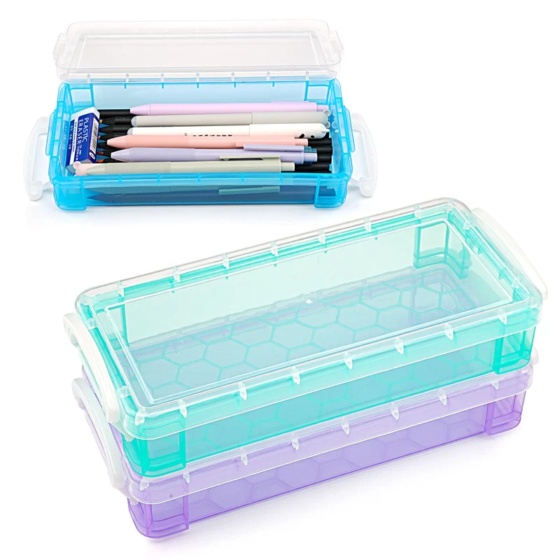 Tikplus 3 Stück Stapelbare Stiftebox,Durchsichtige Bleistiftboxen Stifte Aufbewahrung, Stiftebox Kinder für Kleinteile, Aquarellstifte, Pinselmalstifte, Zeichnungs Werkzeuge, Bürobedarf Organizer