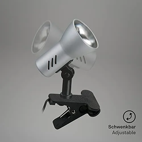 BRILONER - Schreibtischlampe mit Kabelschalter, schwenkbar, E14 Fassung, max. 40 Watt, Klemmlampe, Klemmleuchte, Nachttischlampe, Leselicht Kinder, Leselampe Bett, 6,5x11,5x10,8 cm, Titanfarbig
