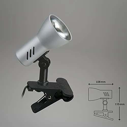 BRILONER - Schreibtischlampe mit Kabelschalter, schwenkbar, E14 Fassung, max. 40 Watt, Klemmlampe, Klemmleuchte, Nachttischlampe, Leselicht Kinder, Leselampe Bett, 6,5x11,5x10,8 cm, Titanfarbig
