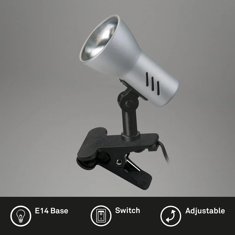 BRILONER - Schreibtischlampe mit Kabelschalter, schwenkbar, E14 Fassung, max. 40 Watt, Klemmlampe, Klemmleuchte, Nachttischlampe, Leselicht Kinder, Leselampe Bett, 6,5x11,5x10,8 cm, Titanfarbig