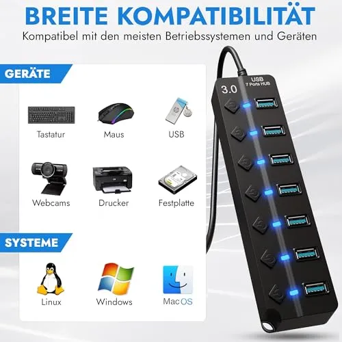 7-Port USB Hub 3.0 – USB Verteiler Multiport Adapter mit EIN/AUS Schalter und LED Anzeigen – USB Hub Splitter fur PC, Laptop, MacBook, USB Stick, Externe Festplatten und mehr