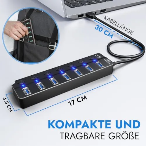 7-Port USB Hub 3.0 – USB Verteiler Multiport Adapter mit EIN/AUS Schalter und LED Anzeigen – USB Hub Splitter fur PC, Laptop, MacBook, USB Stick, Externe Festplatten und mehr
