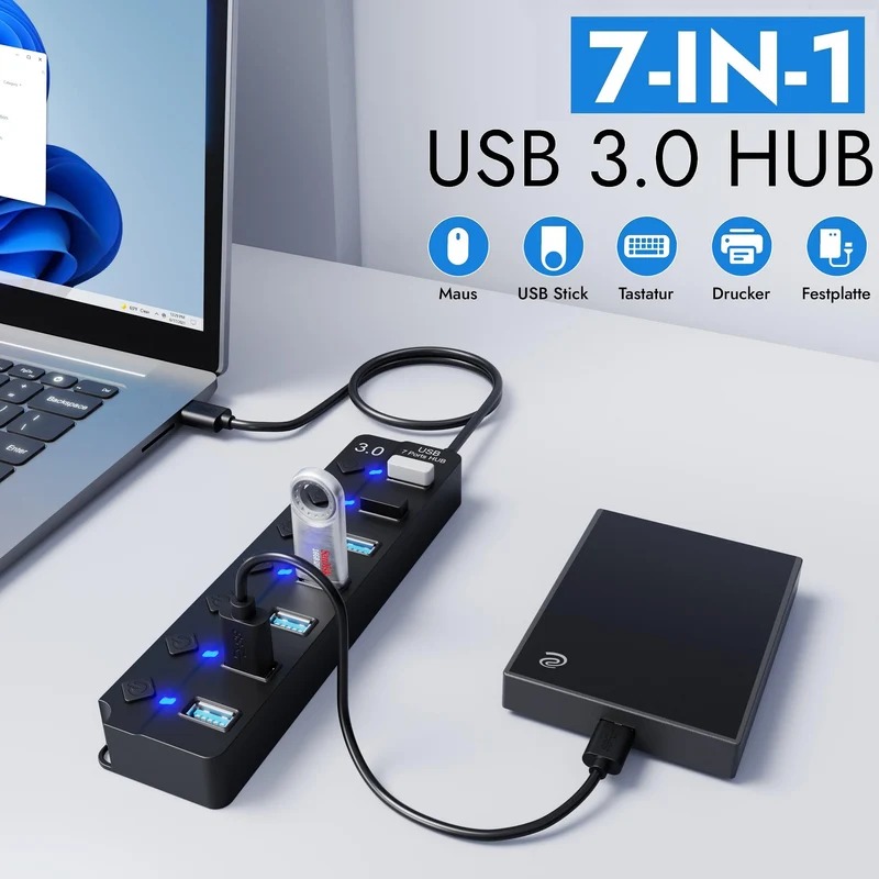 7-Port USB Hub 3.0 – USB Verteiler Multiport Adapter mit EIN/AUS Schalter und LED Anzeigen – USB Hub Splitter fur PC, Laptop, MacBook, USB Stick, Externe Festplatten und mehr