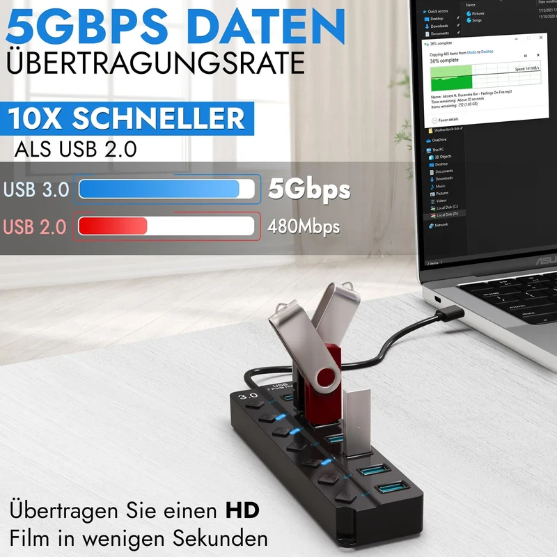 7-Port USB Hub 3.0 – USB Verteiler Multiport Adapter mit EIN/AUS Schalter und LED Anzeigen – USB Hub Splitter fur PC, Laptop, MacBook, USB Stick, Externe Festplatten und mehr