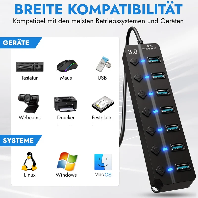 7-Port USB Hub 3.0 – USB Verteiler Multiport Adapter mit EIN/AUS Schalter und LED Anzeigen – USB Hub Splitter fur PC, Laptop, MacBook, USB Stick, Externe Festplatten und mehr